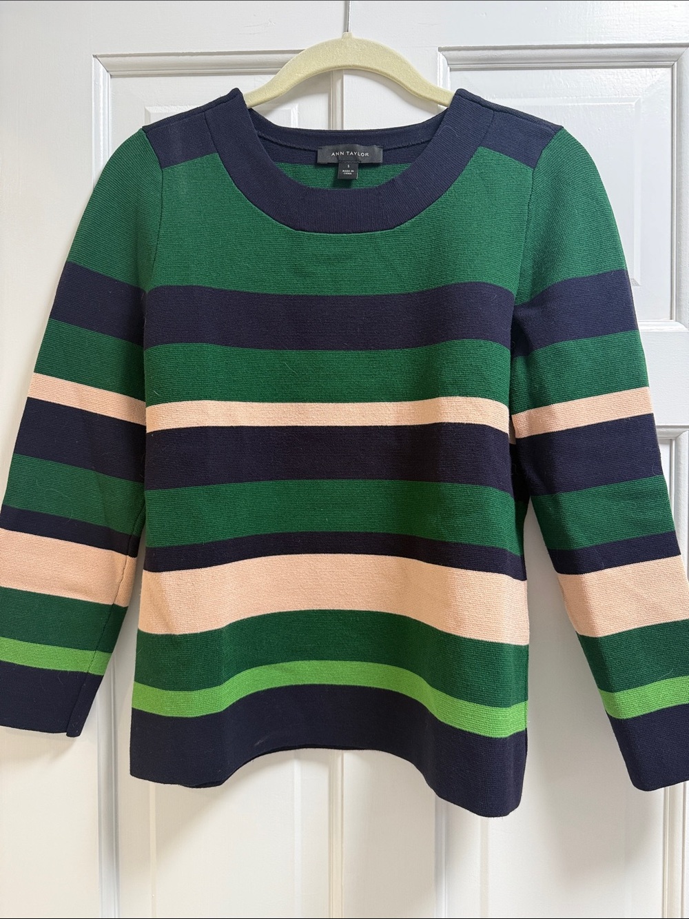 Ann Taylor Striped Crewneck Sweater in Navy, Green & Peach